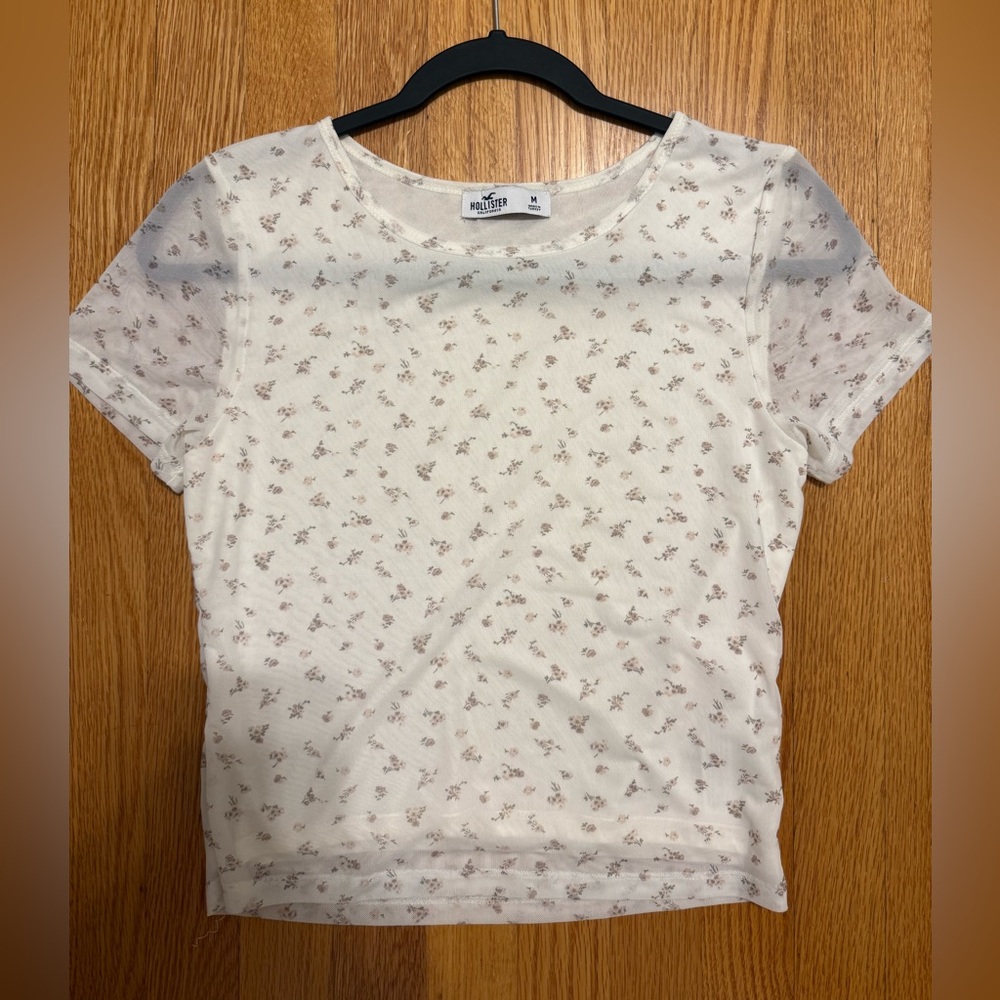 Hollister White Floral Print Mesh Shirt